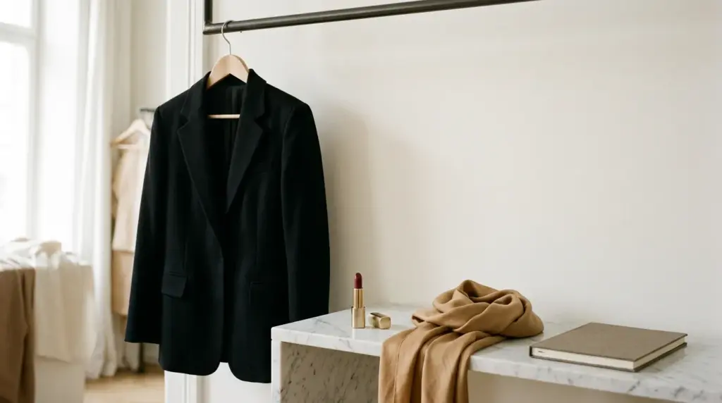 Blazer noir élégant à côté d'un rouge à lèvre glamour