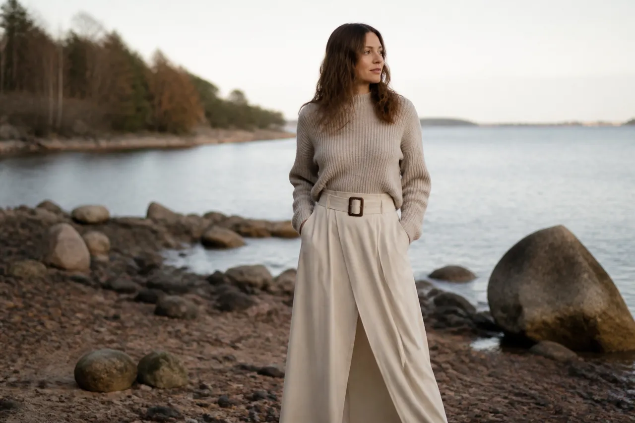 Jupe longue ceinturée avec pull pour structurer la silhouette