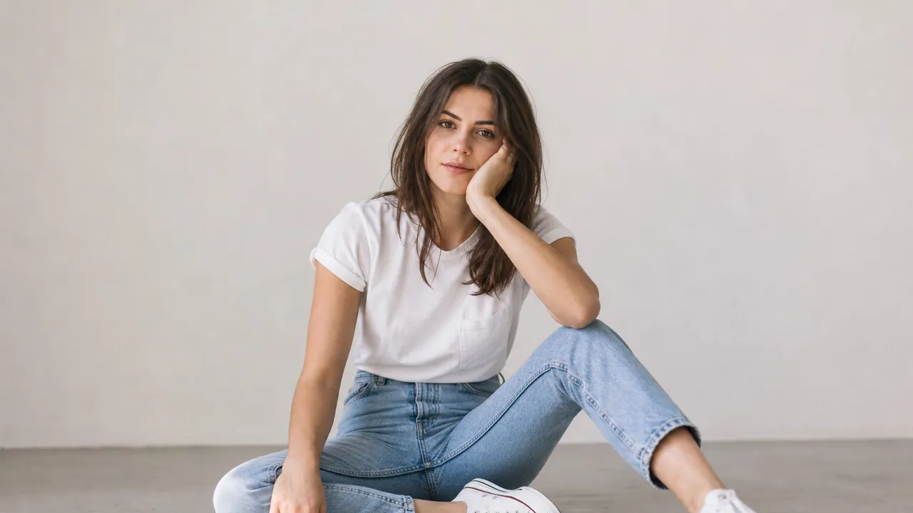 Jean mom porté avec un t-shirt blanc et des baskets