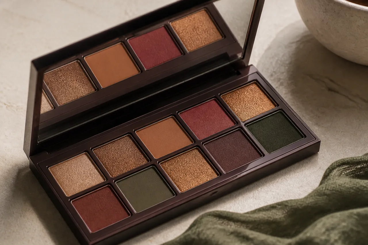 Palette de maquillage pour yeux vert marron, tons bronze et bordeaux
