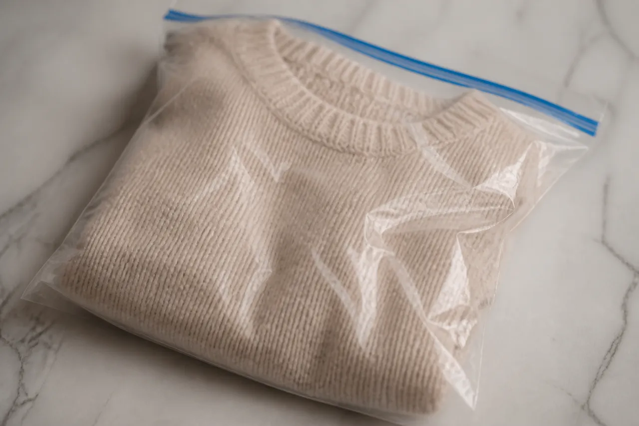 Comment faire pour qu'un pull ne gratte plus : pull dans un sac congélation