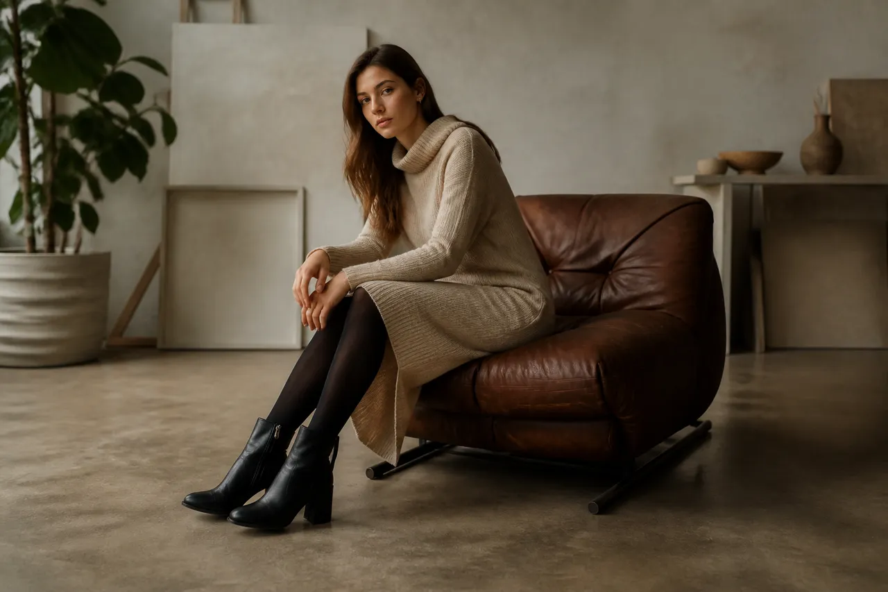 Robe en maille et bottines noires avec collants opaques
