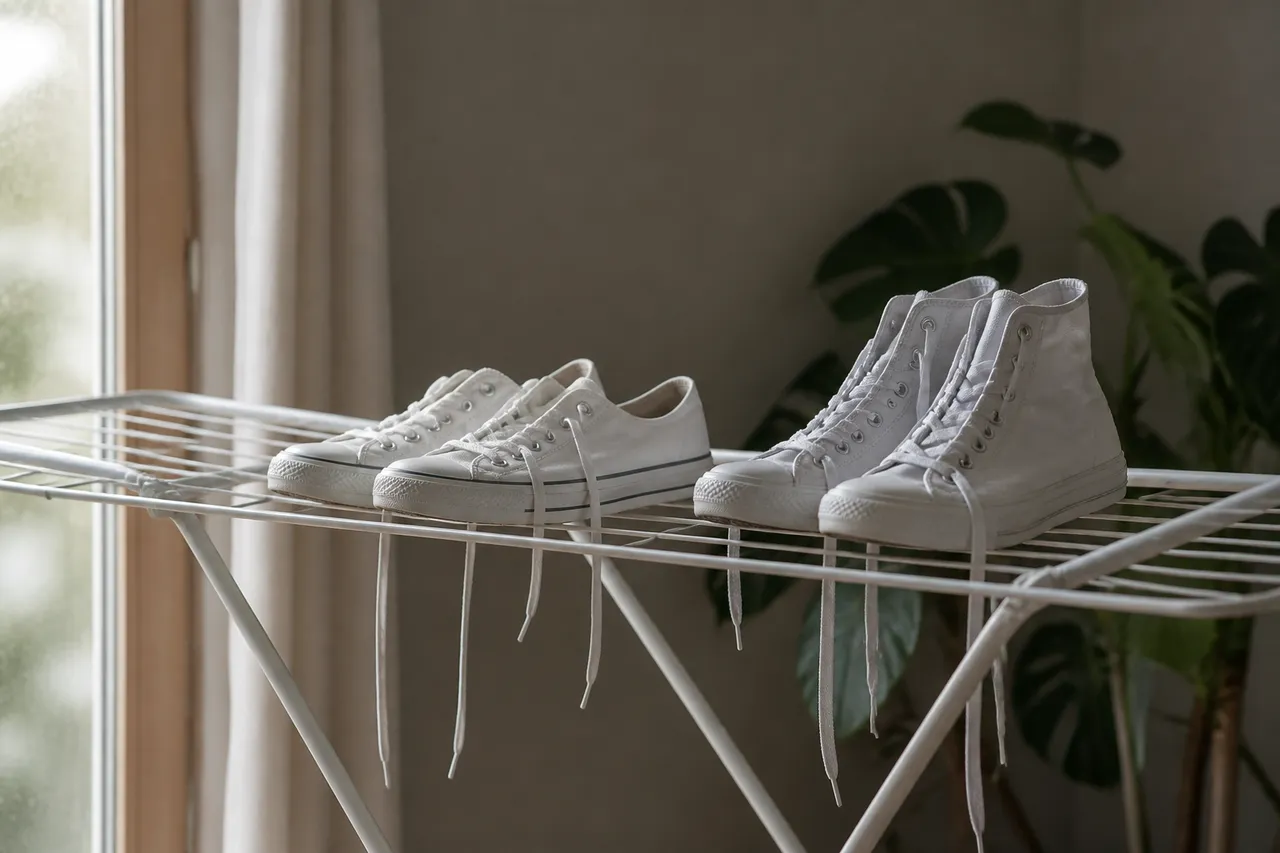 Séchage à l'air libre de Converse blanches après lavage